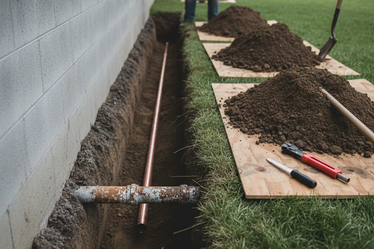Excavated water line trench during Water Heater Repair in Burton